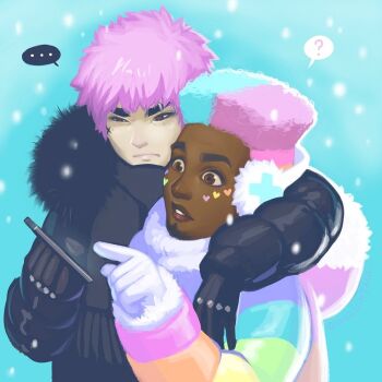 Rule 34 | ..., 2boys, ?, afro, asian, black eyeshadow, black gloves, dark-skinned male, dark skin, decora, dollightful, earmuffs, eyeshadow, facial hair, facial tattoo, frown, girly boy, gloves, goatee, goth fashion, hood, hood down, hooded coat, hooded jacket, jacket, juwon (dollightful), katherine murray, lips, makeup, multiple boys, pale skin, parted lips, phone, pink hair, rainbow jacket, short hair, snowing, speech bubble, spoken ellipsis, spoken question mark, sticker, sticker on face, tatsuo (dollightful), tattoo, thick eyebrows, very dark skin, white gloves, winter clothes, yaoi