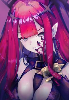 1girl absurdres baobhan_sith_(fate) baobhan_sith_(second_ascension)_(fate) bare_shoulders blood blood_on_face bracelet breasts bridal_gauntlets cleavage detached_sleeves earrings fate/grand_order fate_(series) grey_eyes grin highres hoop_earrings jewelry large_breasts long_hair looking_at_viewer minako_larima pink_hair pointy_ears sidelocks smile solo spiked_bracelet spikes tiara