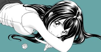 1girl arm_rest breasts dice double-parted_hair hotaru_(hotarubet) hotarubet index_finger_raised large_breasts long_hair looking_at_viewer lying on_stomach shorts simple_background smile solo tank_top