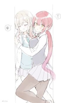 2girls ? bad_girl_(manga) black_pantyhose blonde_hair blue_sweater_vest blush breast_press closed_eyes closed_mouth commentary hashtag-only_commentary highres long_hair long_sleeves milchu mizutori_atori multiple_girls pantyhose parted_lips pleated_skirt red_hair school_uniform shirt skirt spoken_question_mark spoken_squiggle squiggle stuck_in_a_box suzukaze_suzu sweater_vest twintails white_shirt white_skirt yellow_eyes yuri