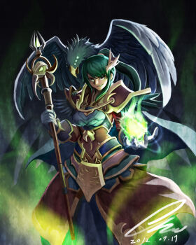 1girl absurdres armor bird female_focus genderswap genderswap_(mtf) green_hair highres league_of_legends ponytail robe solo staff swain_(league_of_legends)