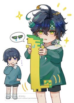 Rule 34 | 2boys, aged down, ajaw (genshin impact), black hair, black shorts, blonde hair, blue eyes, blush, commentary request, earrings, genshin impact, green eyes, green hair, green headband, green shirt, headband, highres, hood, hoodie, jewelry, kinich (genshin impact), long sleeves, male focus, multicolored hair, multiple boys, open mouth, scaramouche (genshin impact), shirt, short hair, shorts, skg g, streaked hair, wanderer (genshin impact), white hoodie