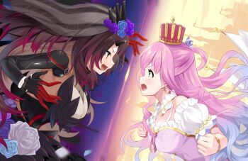 2girls absurdres breasts brown_hair crown dress frills highres himemori_luna himemori_luna_(1st_costume) hololive large_breasts long_hair looking_at_another multicolored_hair multiple_girls open_mouth opposing_sides pink_hair red_crown roboco-san roboco-san_(dark_bride) router satobitob veil virtual_youtuber wavy_hair