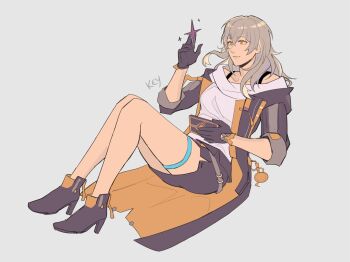 1girl belt black_boots black_gloves black_jacket black_skirt bluentear boots breasts cellphone closed_mouth collarbone commentary english_commentary floating_hair full_body gloves grey_background grey_belt grey_hair hair_between_eyes hand_up high_heel_boots high_heels highres holding holding_phone honkai:_star_rail honkai_(series) jacket lapels long_hair long_sleeves looking_at_object medium_breasts miniskirt open_clothes open_jacket orange_jacket phone shirt sidelocks simple_background sitting sketch skirt smartphone smile solo star_(symbol) stelle_(honkai:_star_rail) t-shirt thigh_strap trailblazer_(honkai:_star_rail) two-sided_fabric two-sided_jacket wavy_hair white_shirt yellow_eyes