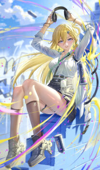 Rule 34 | 1girl, absurdres, arms up, black shoes, black skirt, black socks, blue sky, breasts, commentary, day, earrings, english commentary, green necktie, hair between eyes, hair ornament, headphones, highres, hitpig, holding, holding headphones, id card, jewelry, light blush, looking at viewer, lynae (wuthering waves), medium breasts, necktie, purple eyes, shirt, shoes, sitting, skirt, skull hair ornament, sky, socks, solo, spray can, star (symbol), star earrings, tacet mark (wuthering waves), white shirt, wuthering waves