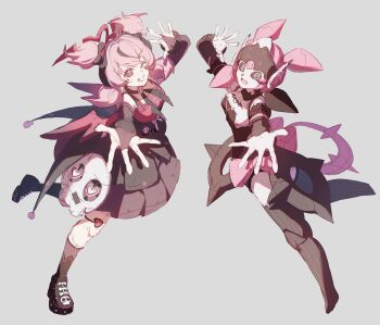 2girls aria_(discordant_note)_(zenless_zone_zero) aria_(zenless_zone_zero) black_bow black_bridal_gauntlets black_choker black_dress black_hair black_sclera black_shoes bow breasts bridal_gauntlets choker colored_sclera dress dual_persona full_body green_eyes grey_background hair_bow hashtag-only_commentary highres humanoid_robot leg_up looking_at_viewer medium_breasts multicolored_hair multiple_girls official_alternate_costume one_eye_closed open_mouth pink_hair red_wings robot robot_girl ruoguiling shoes simple_background single_thighhigh standing standing_on_one_leg thighhighs wings zenless_zone_zero