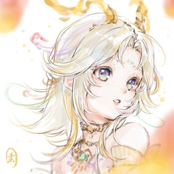 Rule 34 | 1girl, antlers, bare shoulders, blonde hair, blue eyes, chinese clothes, chinese commentary, choker, chroma's mortal heart (infinity nikki), colored eyelashes, commentary request, deer antlers, detached sleeves, facial mark, flower facial mark, flower symbol, forehead mark, gold choker, gold necklace, gradient eyes, happy, highres, horns, infinity nikki, jewelry, lantern, lipstick, long hair, makeup, multicolored eyes, multicolored hair, necklace, nikki (series), paper lantern, parted lips, pink lips, qianyimuthyimu, sidelocks, simple background, solo, streaked hair, teeth, two-tone hair, upper body, white background, white hair, yellow horns, yellow sleeves