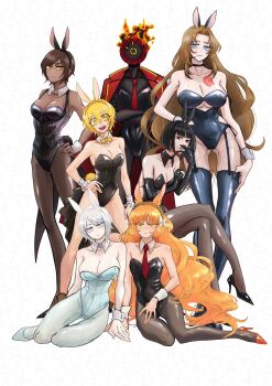 1other 6+girls ajajasta animal_ears black_choker black_pantyhose black_thighhighs blonde_hair blue_eyes brown_pantyhose choker clock crossed_legs dante_(limbus_company) don_quixote_(project_moon) faust_(project_moon) flaming_head highres ishmael_(project_moon) leotard limbus_company long_hair multiple_girls necktie open_mouth orange_hair outis_(project_moon) pants pantyhose project_moon rabbit_ears red_necktie rodion_(project_moon) ryoshu_(project_moon) short_hair simple_background smile thighhighs very_long_hair white_background white_hair white_leotard white_pants yellow_eyes
