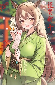 1girl animal_ears blush bow braid breasts brown_eyes brown_hair commentary_request double-parted_bangs ear_ornament ear_ribbon green_kimono hair_between_eyes half_up_braid highres holding holding_omikuji horse_ears horse_girl horse_tail japanese_clothes kimono large_breasts long_hair long_sleeves looking_at_viewer multicolored_hair obi omikuji open_mouth poi1107 sash satono_diamond_(umamusume) smile solo streaked_hair tail umamusume very_long_hair
