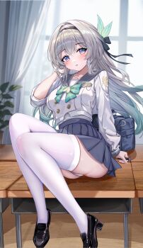 1girl absurdres bag black_hairband blush bow breasts commentary_request firefly_(honkai:_star_rail) firefly_(spring_missive)_(honkai:_star_rail) gradient_hair green_hair grey_hair grey_skirt hair_between_eyes hair_ornament hairband highres honkai:_star_rail honkai_(series) long_hair looking_at_viewer medium_breasts multicolored_hair ningmeng_ye_meiyou_wo_meng official_alternate_costume open_mouth pink_eyes plaid_bow pleated_skirt revision school_uniform serafuku shoes shoulder_bag skirt solo thick_thighs thighhighs thighs white_thighhighs