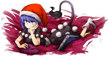 1girl bad_id bad_pixiv_id black_dress blob blue_eyes blue_hair book boots breasts doremy_sweet dress female_focus hand_on_own_cheek hand_on_own_face hat kankan33333 looking_at_viewer lying matching_hair/eyes multicolored_dress nightcap on_stomach pom_pom_(clothes) short_hair short_sleeves smile solo tail tapir_tail touhou white_boots white_dress