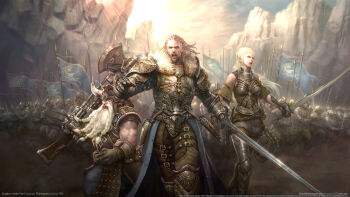 1girl 6+boys armor axe beard blonde_hair braid braided_beard cornrows dwarf elf epic facial_hair feet_out_of_frame gun highres isabella_(kuf) kingdom_under_fire kingdom_under_fire_2 knight light_rays manly multiple_boys official_art outdoors pointy_ears sunbeam sunlight sword weapon whip