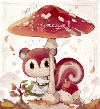 1girl :&gt; acorn animal_crossing apron berry blush brown_eyes character_name closed_mouth coco7 commentary_request country_lolita dress falling_leaves floral_print flower_symbol fly_agaric frilled_apron frills furry furry_female green_dress leaf lolita_fashion looking_at_viewer mushroom nintendo pinafore_dress plant poppy_(animal_crossing) seed shirt short_sleeves simple_background sleeveless sleeveless_dress smile solo squirrel_girl standing waist_apron white_apron white_background white_shirt
