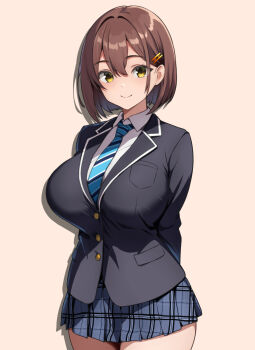 1girl arms_behind_back asanagi_shion blazer blue_necktie bob_cut breasts brown_hair buttons closed_mouth collared_shirt commentary_request cowboy_shot diagonal-striped_clothes diagonal-striped_necktie dress_shirt drop_shadow hair_behind_ear hair_between_eyes hair_ornament hairclip haneoka_school_uniform highres jacket lapels large_breasts long_sleeves looking_at_viewer miniskirt multicolored_necktie necktie original parallel_hairclips plaid_clothes plaid_skirt pleated_skirt school_uniform shirt short_hair simple_background skirt smile solo standing striped_clothes thighs white_shirt yellow_eyes