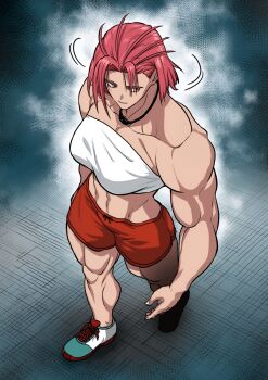 1girl absurdres breasts closed_mouth highres isshou_senkin motion_lines muscular muscular_arms muscular_female muscular_legs non-web_source pink_hair red_shorts serious shidou_uta shirt shoes short_hair shorts smoke sneakers solo stomach walking white_shirt