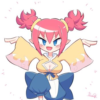 1girl blue_eyes blue_pants blush breasts cleavage_cutout clothing_cutout commentary_request crane_stance damakko_(damacco008) demon_girl disgaea dougi fangs female_brawler_(disgaea) hair_between_eyes highres large_breasts pants pelvic_curtain pink_hair pointy_ears shirt short_twintails twintails white_background yellow_shirt