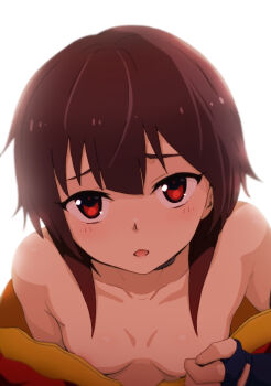1girl areola_slip bare_shoulders black_choker black_gloves blush breasts brown_hair choker clothes_pull collarbone downblouse dress dress_pull fingerless_gloves gloves kono_subarashii_sekai_ni_shukufuku_wo! loli looking_at_viewer megumin no_bra off_shoulder open_mouth red_dress red_eyes short_hair short_hair_with_long_locks simple_background small_breasts solo teen-san upper_body upturned_eyes white_background
