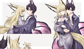 1boy 2girls absurdres animal_ears arknights black_hair blonde_hair commentary fox_ears fox_tail hetero highres hug husband_and_wife japanese_clothes kimono long_hair multiple_girls samip suzuran&#039;s_father_(arknights) suzuran_(arknights) tail vulpisfoglia_(arknights)