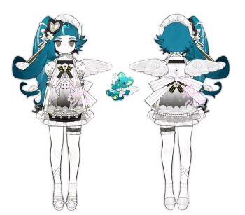 Rule 34 | 1girl, blue hair, closed mouth, highres, long hair, looking at viewer, maid headdress, multiple views, original, standing, thighhighs, white background