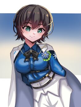 1girl absurdres aoi_erika black_bow black_bowtie black_hair blue_eyes bow bowtie commentary_request flower flower_pin h_ans_(hmn_anz) heaven_burns_red highres short_hair