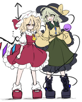 Rule 34 | ..., 2girls, :/, :d, absurdres, arrow (symbol), ascot, black boots, black hat, blonde hair, boots, bow, buttons, calpis118, commentary request, crystal, crystal wings, diamond button, eyeball, flandre scarlet, frilled shirt, frilled shirt collar, frilled skirt, frilled sleeves, frills, green eyes, green hair, green skirt, hair between eyes, hat, hat bow, hat ribbon, height difference, highres, jitome, komeiji koishi, lace-up boots, long hair, long sleeves, medium hair, mob cap, multicolored wings, multiple girls, one side up, open mouth, red eyes, red shoes, red skirt, red vest, ribbon, shirt, shoes, simple background, skirt, skirt set, sleeves past fingers, sleeves past wrists, smile, socks, standing, third eye, touhou, vest, white background, white hat, white shirt, white socks, wide-eyed, wide sleeves, wings, yellow ascot, yellow bow, yellow shirt