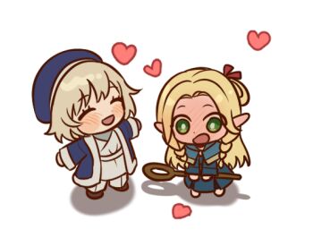 :d :o blonde_hair blue_coat blue_dress blue_hat blush chibi chibi_only closed_eyes coat commentary_request dress falin_touden green_eyes hat heart holding holding_staff korean_commentary marcille_donato mayo_(mayo88meshi) open_mouth simple_background smile staff standing white_background yuri