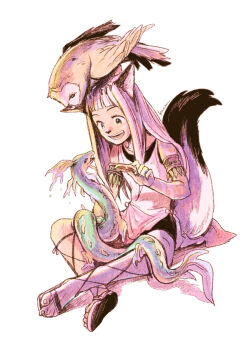 1girl :d animal animal_ears animal_nose animal_on_head ankle_lace-up bird bird_on_head blunt_bangs brown_sandals commentary_request full_body kachidama long_hair ochette_(octopath_traveler) octopath_traveler on_head open_mouth owl sandals shirt signature simple_background sitting sleeveless sleeveless_shirt smile snake solo tail white_background white_hair white_shirt