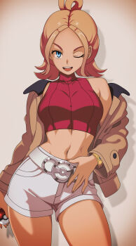 1girl absurdres blonde_hair blue_eyes breasts brown_jacket commentary cropped_shirt gradient_hair hair_bun highres holding holding_poke_ball jacket large_breasts long_sleeves looking_at_viewer mega_ring midriff multicolored_hair navel nintendo one_eye_closed open_clothes open_jacket open_mouth pink_hair poke_ball poke_ball_(basic) pokemon pokemon_legends:_z-a red_shirt red_sweater ribbed_shirt shirt shorts single_bare_shoulder smile solo sweater taunie_(pokemon) teeth turtleneck upper_teeth_only vivivoovoo white_shorts
