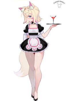 1girl absurdres alternate_costume animal_ears apron black_dress blonde_hair blue_eyes breasts cocktail_glass cup dog_ears dog_girl dog_tail dopeybunni dress drinking_glass enmaided full_body highres holding holding_tray hololive hololive_english maid maid_apron mococo_abyssgard pink_streaks simple_background small_breasts solo standing tail tray virtual_youtuber white_apron white_background