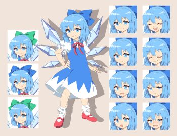 1girl 4rion absurdres ankle_socks blue_bow blue_dress blue_eyes blue_hair bow cirno collared_shirt commentary_request dress flat_chest full_body green_bow hair_bow highres ice ice_wings looking_at_viewer mary_janes medium_hair multiple_expressions neck_ribbon pinafore_dress puffy_short_sleeves puffy_sleeves red_footwear red_ribbon ribbon shirt shoes short_sleeves sleeveless sleeveless_dress socks standing tachi-e touhou white_shirt white_socks wings