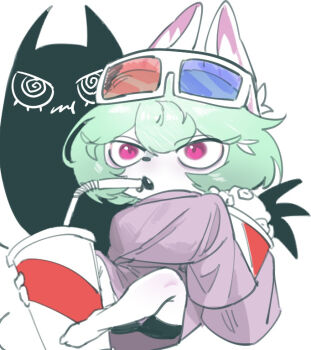 Rule 34 | 1boy, 3d glasses, @ @, animal ear fluff, animal ears, barefoot, commentary, cup, drinking straw, fang, food, grey hair, holding, holding cup, holding with feet, korean commentary, league of legends, nikukan, oversized clothes, oversized shirt, popcorn, purple shirt, shirt, simple background, sketch, sleeves past fingers, sleeves past wrists, slit pupils, vex (league of legends), vex shadow (league of legends), white background, yordle