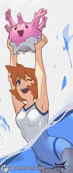 1girl ;d armpits arms_up blue_eyes breasts bubble competition_swimsuit corsola covered_navel creature gen_2_pokemon happy holding holding_creature holding_pokemon medium_breasts misty_(pokemon) navel nintendo one-piece_swimsuit one_eye_closed open_mouth orange_hair orlek partially_submerged pokemon pokemon_(creature) pokemon_hgss short_hair smile swimsuit teeth tongue upper_teeth_only wading water wet white_one-piece_swimsuit wink