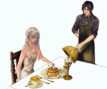 Rule 34 | 1boy, 1girl, absurdres, apron, black hair, black shirt, bowl, candlestand, collared shirt, commentary, dress, english commentary, food, fruit, hand on own hip, highres, honey, kyta 5, long sidelocks, looking at another, nephis (shadow slave), official alternate costume, pancake, pancake stack, shadow slave, shirt, sidelocks, sleeves rolled up, strawberry, sunny (shadow slave), table, utensil, white dress, white hair