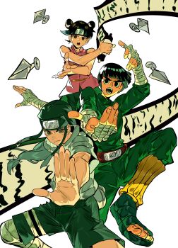 1girl 2boys :o absurdres bandaged_arm bandages black_eyes black_hair bodysuit bowl_cut brown_eyes brown_hair brown_shirt byakugan closed_mouth double_bun fighting_stance forehead_protector green_bodysuit hair_bun highres holding holding_scroll hyuuga_neji konohagakure_symbol kunai long_hair low-tied_long_hair multiple_boys naruto_(classic) naruto_(series) open-toe_shoes open_mouth pants pink_shirt rock_lee scroll shirt short_hair short_sleeves shorts sleeveless sleeveless_shirt tenten_(naruto) weapon white_background xi_luo_an_ya