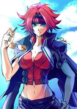 1girl absurdres black_jacket blue_eyes breasts cleavage closed_mouth code_geass crop_top hand_on_own_hip hashtag-only_commentary headband highres holding holding_removed_eyewear jacket jacket_on_shoulders kouzuki_kallen large_breasts looking_at_viewer midriff mochi_mangaka navel open_clothes open_jacket red_hair red_headband red_shirt shirt short_hair signature solo sunglasses unworn_eyewear upper_body v-shaped_eyebrows