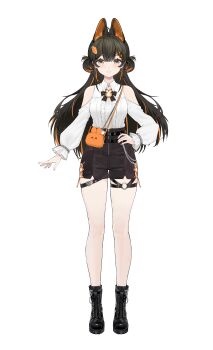 1girl absurdres ahoge animal_bag animal_ears bag bare_shoulders black_bow black_bowtie black_hair black_shoes black_shorts bow bowtie braid carrot_hair_ornament center-flap_bangs center_frills closed_mouth clothing_cutout colored_inner_animal_ears food-themed_hair_ornament frills full_body hair_between_eyes hair_ornament hand_on_own_hip highres jacket liko_(virtuareal) long_hair multicolored_hair nijisanji official_art orange_bag orange_hair rabbit_ears rabbit_girl shirt shoes shorts shoulder_bag shoulder_cutout simple_background smile solo standing straight-on streaked_hair tachi-e tail transparent_background two-tone_hair virtual_youtuber virtuareal white_shirt yellow_eyes