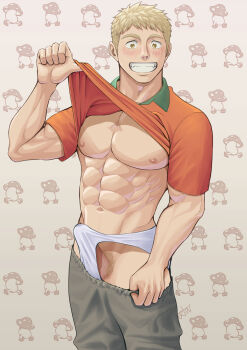 1boy abs alternate_costume bara blonde_hair blush briefs casual clothes_lift clothes_pull dariun_33 dungeon_meshi erection flexing_pectorals grey_pants grin highres laios_touden large_pectorals looking_at_viewer male_focus male_pubic_hair male_underwear muscular muscular_male orange_shirt pants pants_pull pectorals penis penis_peek pointing pointing_at_self polo_shirt pubic_hair shirt shirt_lift short_hair simple_background smile solo underwear walking_mushroom_(dungeon_meshi) white_male_underwear yellow_eyes