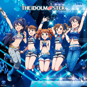 Rule 34 | :d, album cover, antenna hair, arm up, belt, black hair, black shorts, blue boots, blue pants, blue shorts, blue vest, boots, brown eyes, brown hair, choker, closed eyes, concert, cool &amp; sexy (idolmaster), copyright name, cover, fang, futami ami, futami mami, ganaha hibiki, glowstick, green eyes, hair bobbles, hair ornament, highres, holding, holding microphone, idolmaster, idolmaster (classic), indigo spangle (idolmaster), jumping, kikuchi makoto, luxury (idolmaster), mana (gakuburu), microphone, midriff, navel, official alternate costume, official art, one eye closed, open mouth, orange hair, pants, short hair, shorts, side ponytail, smile, stage, takatsuki yayoi, third-party source, twintails, vest, white belt, white choker