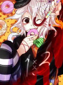 Rule 34 | 1boy, androgynous, arm up, black hat, black robe, bloomers, bow, bowtie, bug, cane, commentary request, copyright name, diagonal-striped bow, diagonal-striped bowtie, diagonal-striped clothes, donut, fangs, food, green bow, green bowtie, hair between eyes, hair ornament, hairclip, hat, highres, holding, holding cane, holding donut, holding food, leg up, male focus, mark under both eyes, mini hat, mini top hat, one eye closed, orange background, orange shirt, parallel hairclips, red eyes, robe, shirt, shishi (eai make), short hair, silk, solo, spider, spider web, star (symbol), star symbol background, stitched hand, striped bow, striped bowtie, striped clothes, striped thighhighs, suzuya juuzou, thighhighs, tokyo ghoul, top hat, underwear, white hair, x hair ornament