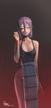 1girl absurdres apron black_choker breasts chainsaw_man choker commentary dynamite explosive gradient_background green_eyes grey_apron grey_background hair_between_eyes hand_up highres looking_at_viewer medium_breasts no_panties pepperart purple_hair red_background reze_(chainsaw_man) solo