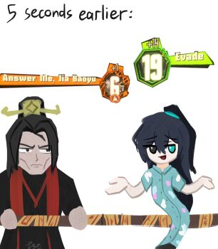 Rule 34 | 2boys, anatomical nonsense, black eyes, black hair, black pants, black robe, blue eyes, blue hairband, commentary, english commentary, english text, gameplay mechanics, hairband, heterochromia, high ponytail, highres, hong lu (project moon), jia qiu (project moon), limbus company, multiple boys, painting (medium), pants, ponytail, project moon, red sash, robe, sash, senlidoesstuff, shrugging, simple background, tingtang gang (identity) (project moon), traditional media, white background, xiao guan (headdress)