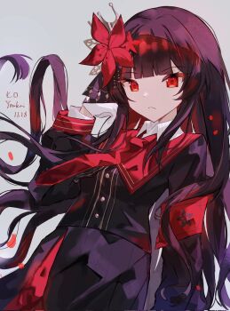 1girl armband black_hair black_shirt black_skirt closed_mouth collared_shirt commentary_request floating_hair flower grey_background hair_flower hair_ornament hand_up highres long_hair long_sleeves looking_at_viewer mahou_shoujo_no_majo_saiban necktie nikaido_hiro red_armband red_eyes red_flower red_necktie shirt simple_background skirt solo youkai_(melticecre4m)