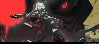 Rule 34 | 00s, 1girl, artist name, dix-neuf, glowing, glowing eyes, lal'c mellk mal, lens flare, looking at viewer, mecha, open mouth, robot, romper, scarf, short hair, shouting, smoke, steve ahn, thighhighs, top wo nerae! (series), top wo nerae 2!, watermark, web address