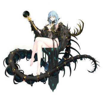1girl animal_skull ankle_ribbon antlers ark_order balor_(ark_order) bare_legs bare_shoulders barefoot black_dress black_gloves black_ribbon blue_hair bone breasts closed_mouth clothing_cutout crown deer_skull detached_sleeves dress feet floating floating_object full_body gauntlets glint gloves highres holding holding_staff horns hourai_no_hangentsuki leg_ribbon long_sleeves medium_breasts medium_hair monster no_panties o-ring official_art one_eye_closed pale_skin plantar_flexion ribbon sidelocks sitting skeleton smile solo staff tachi-e throne transparent_background underboob_cutout wide_sleeves yellow_eyes