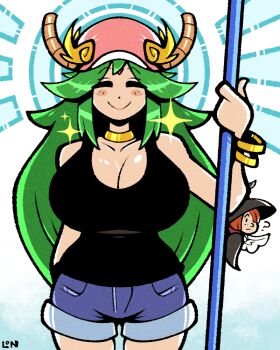 2girls adapted_costume black_singlet breasts cleavage cosplay flipped_bangs green_hair hat holding holding_staff horns huge_breasts kid_icarus kobayashi-san_chi_no_maidragon legendofnerd long_hair lucoa_(maidragon) lucoa_(maidragon)_(cosplay) multiple_girls nintendo palutena shorts singlet smile sparkle staff very_long_hair