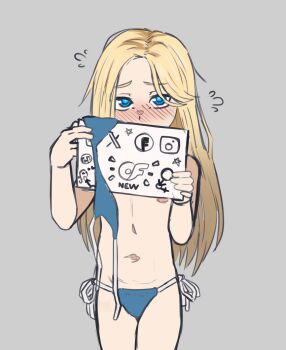 1girl 2025 bikini blonde_hair blue_eyes blush diana_(pragmata) embarrassed female female_focus flat_chest grey_background legs lewdtime loli long_hair looking_at_viewer navel nipples pragmata side-tie_bikini_bottom solo standing stomach swimsuit thighs untied_bikini_top