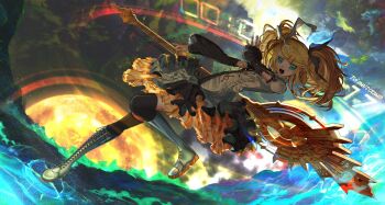 1girl abstract_background absurdres alternate_hairstyle bass_guitar black_nails black_ribbon black_sleeves black_thighhighs blonde_hair blue_eyes boots detached_sleeves dress frilled_dress frilled_sleeves frills full_body guitar hair_ornament hair_ribbon hairclip highres instrument kagamine_rin kagamine_rin_(reactor) knee_boots long_hair looking_at_viewer open_mouth ribbon roshin_yuukai_(vocaloid) short_sleeves solo thighhighs twintails two-tone_dress vocaloid white_boots white_ribbon zettai_ryouiki zontik2404