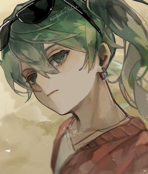 Rule 34 | 1girl, :/, absurdres, commentary request, ear piercing, eyewear on head, green eyes, green hair, hair between eyes, hatsune miku, highres, jacket, looking at viewer, piercing, portrait, red jacket, sandstorm, shirt, solo, suna no wakusei (vocaloid), sunglasses, tehettenandayo, twintails, vocaloid, white shirt