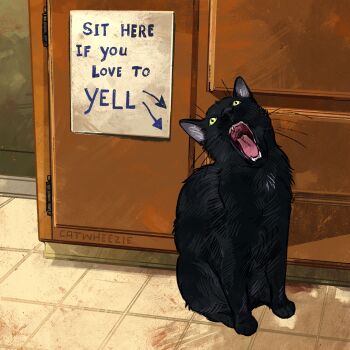 absurdres animal animal_focus arrow_(symbol) black_cat cat catwheezie commentary drawer english_commentary english_text highres indoors no_humans open_mouth original tile_floor tiles