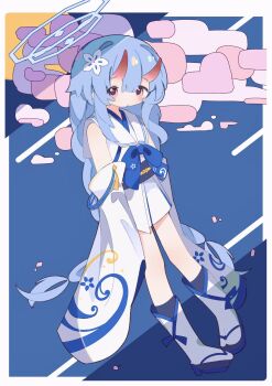1girl blue_archive blue_hair blue_halo braid breasts chise_(blue_archive) flower full_body gradient_horns hair_flower hair_ornament halo highres horns japanese_clothes long_hair looking_at_viewer low_twin_braids low_twintails multicolored_horns oni open_mouth red_eyes red_horns sideless_kimono skin-covered_horns solo twin_braids twintails vonvondx